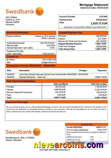 Lithuania AB Swedbank mortgage statement Word and PDF template